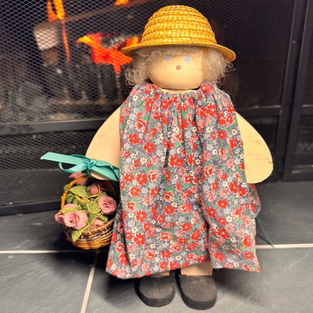 Vintage Wooden Shelf Sitter Doll Floral Dress Straw Hat Flower Basket Folk Art